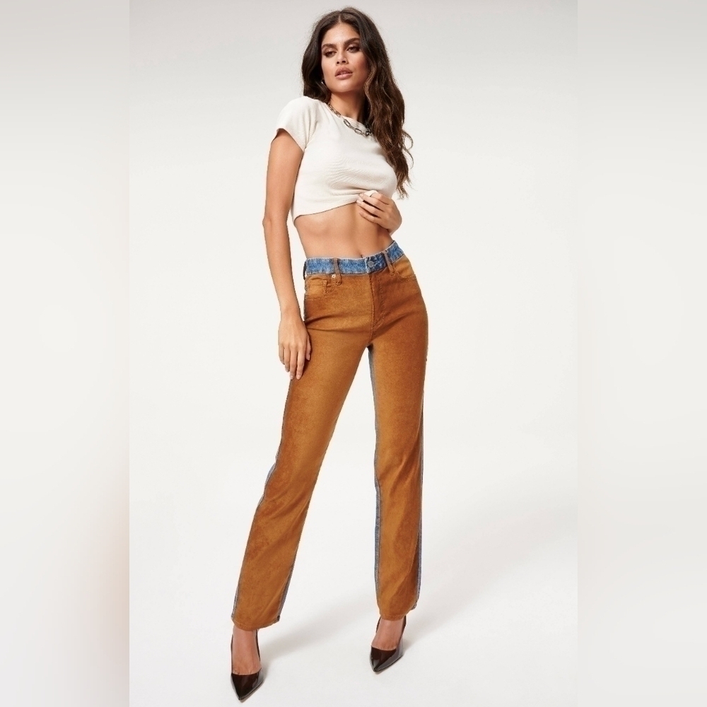 Good American Brown Suede Denim Mixed Media High Rise Jeans Cowgirl Western
